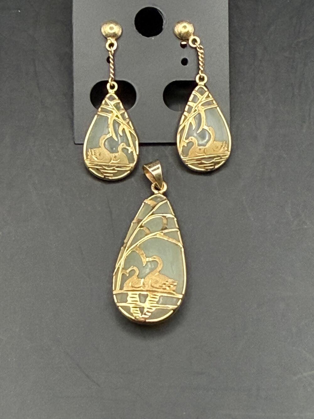 Vintage 14K Yellow Gold over Stone Pendant and Earring Set Swan Design